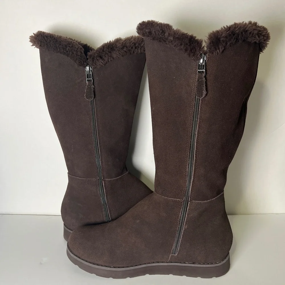 Lands End‎ Womens Dark Brown Leather Suede Faux Fur Lined Tall Winter Boots 8B